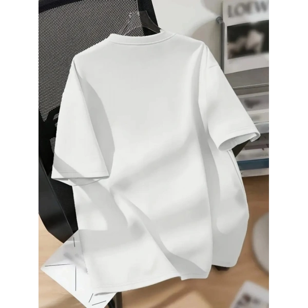 Biçomi Baskılı Oversize Bisiklet Yaka T-shirt - Beyaz