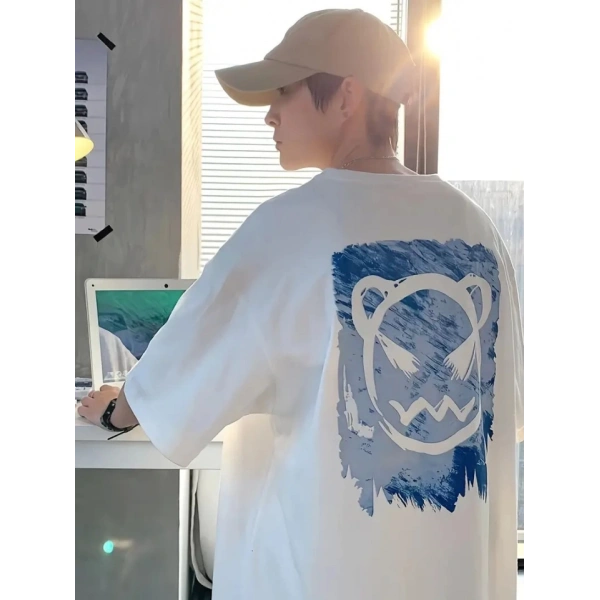 Biçomi Baskılı Oversize Bisiklet Yaka T-shirt - Beyaz