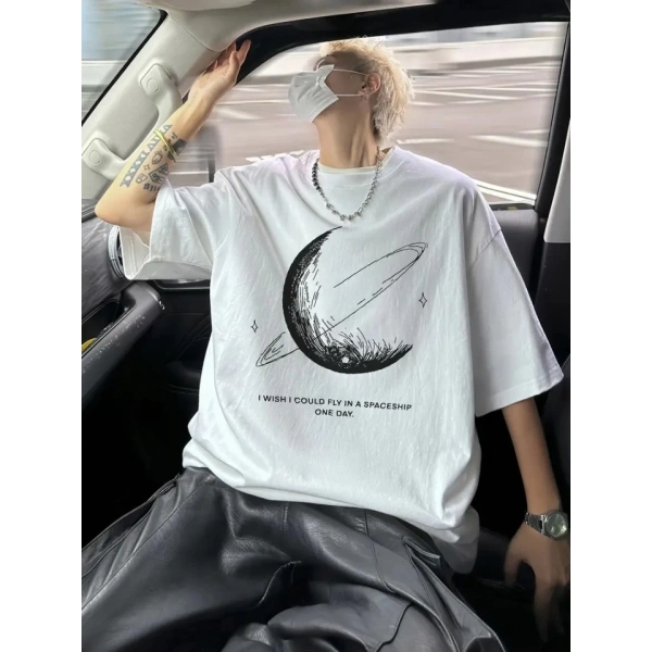 Biçomi Baskılı Oversize Bisiklet Yaka T-shirt - Beyaz
