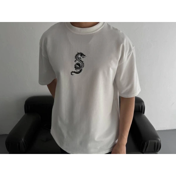 Biçomi Baskılı Oversize Bisiklet Yaka T-shirt - Beyaz