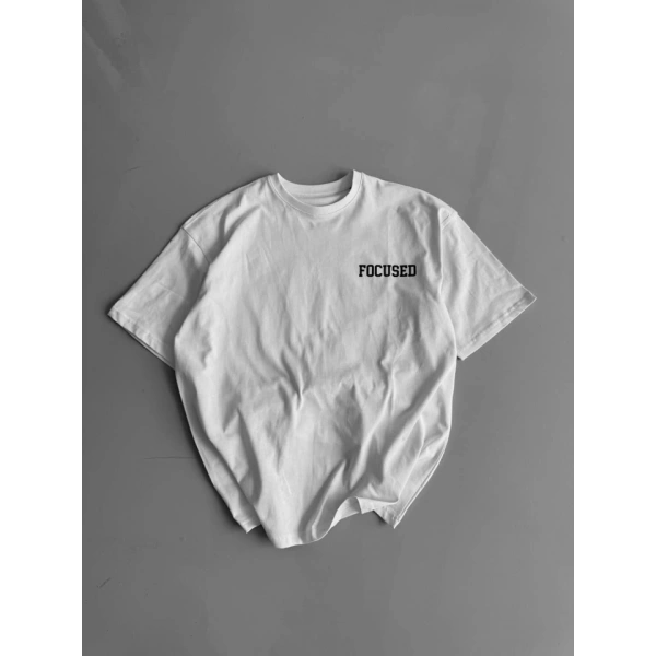 Biçomi Baskılı Oversize Bisiklet Yaka T-shirt - Beyaz