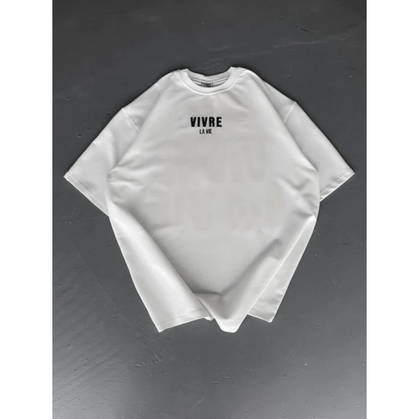 Biçomi Baskılı Oversize Bisiklet Yaka T-shirt - Beyaz