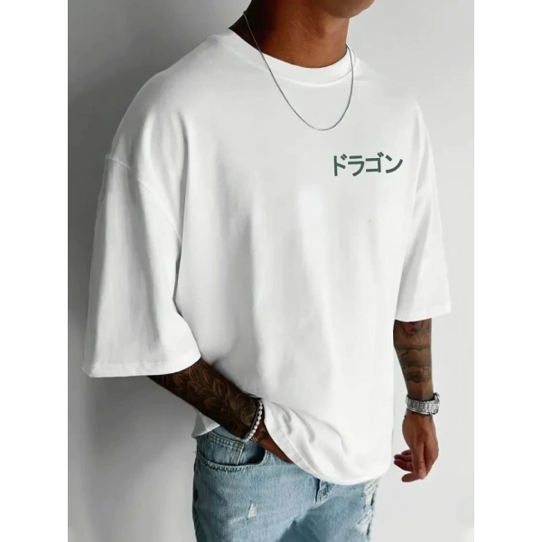 Biçomi Baskılı Oversize Bisiklet Yaka T-shirt - Beyaz