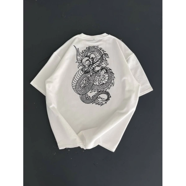 Biçomi Baskılı Oversize Bisiklet Yaka T-shirt - Beyaz