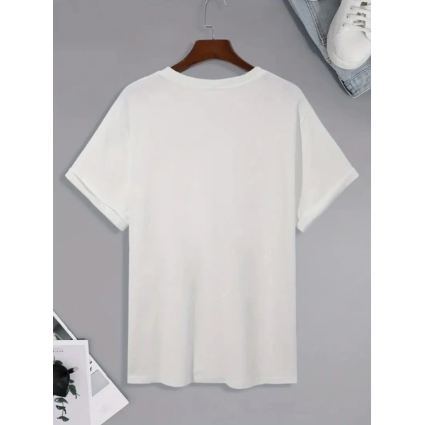 Biçomi Baskılı Oversize Bisiklet Yaka T-shirt - Beyaz