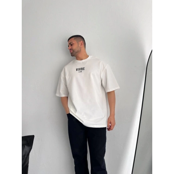 Biçomi Baskılı Oversize Bisiklet Yaka T-shirt - Beyaz
