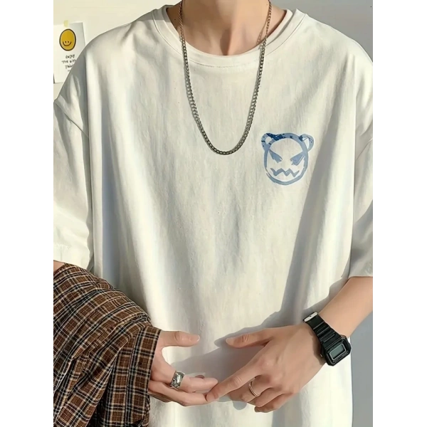 Biçomi Baskılı Oversize Bisiklet Yaka T-shirt - Beyaz