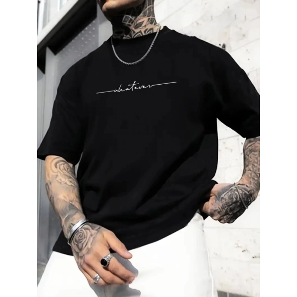 Biçomi Baskılı Oversize Bisiklet Yaka T-shirt - Siyah