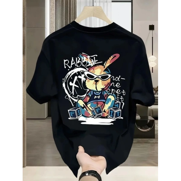 Biçomi Baskılı Oversize Bisiklet Yaka T-shirt - Siyah