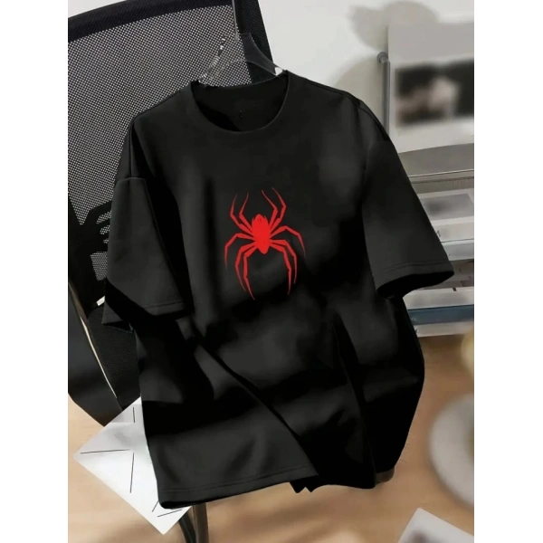 Biçomi Baskılı Oversize Bisiklet Yaka T-shirt - Siyah