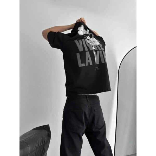 Biçomi Baskılı Oversize Bisiklet Yaka T-shirt - Siyah