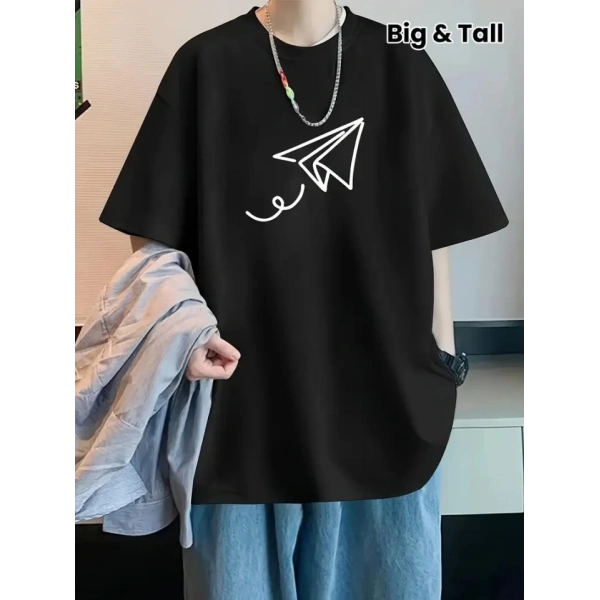 Biçomi Baskılı Oversize Bisiklet Yaka T-shirt - Siyah