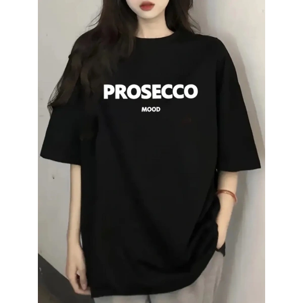 Biçomi Baskılı Oversize Bisiklet Yaka T-shirt - Siyah