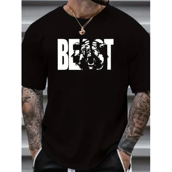 Biçomi Baskılı Oversize Bisiklet Yaka T-shirt - Siyah