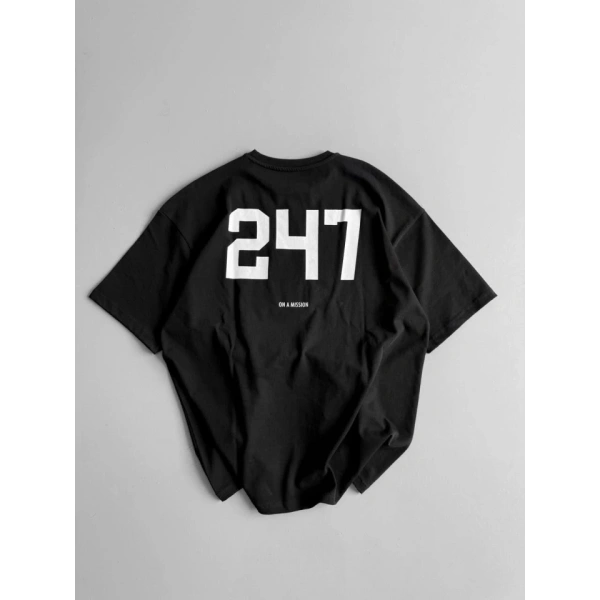 Biçomi Baskılı Oversize Bisiklet Yaka T-shirt - Siyah