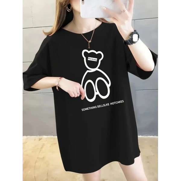 Biçomi Baskılı Oversize Bisiklet Yaka T-shirt - Siyah