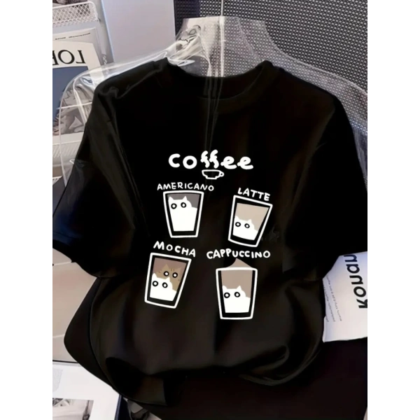 Biçomi Baskılı Oversize Bisiklet Yaka T-shirt - Siyah