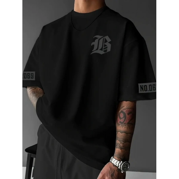 Biçomi Baskılı Oversize Bisiklet Yaka T-shirt - Siyah