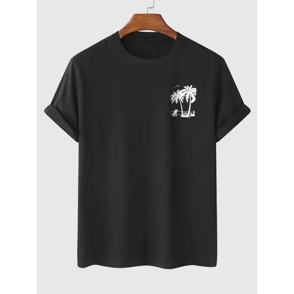 Biçomi Baskılı Oversize Bisiklet Yaka T-shirt - Siyah