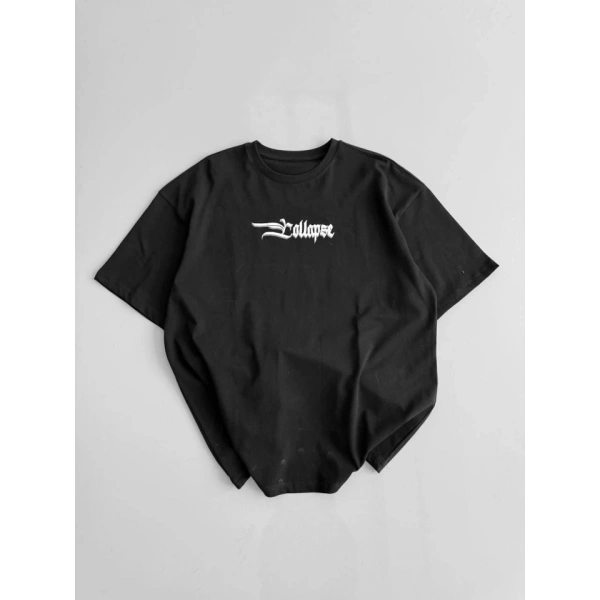 Biçomi Baskılı Oversize Bisiklet Yaka T-shirt - Siyah