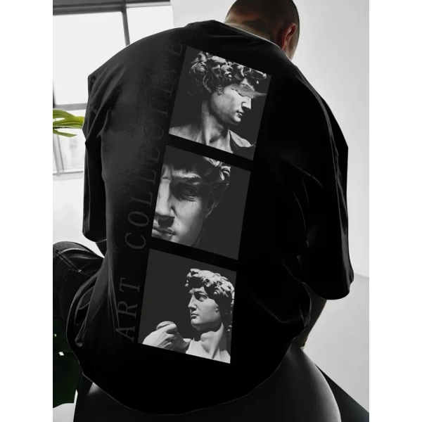 Biçomi Baskılı Oversize Bisiklet Yaka T-shirt - Siyah