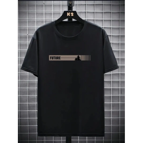 Biçomi Baskılı Oversize Bisiklet Yaka T-shirt - Siyah
