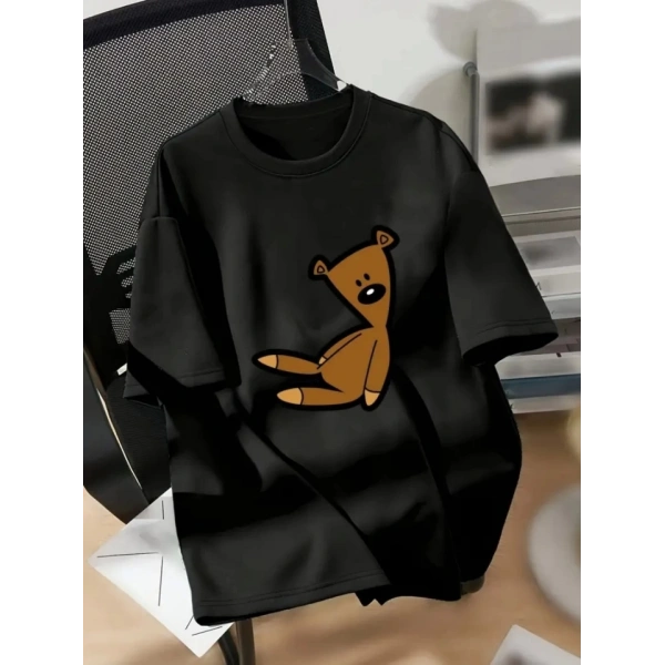 Biçomi Baskılı Oversize Bisiklet Yaka T-shirt - Siyah