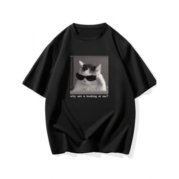 Biçomi Baskılı Oversize Bisiklet Yaka T-shirt - Siyah