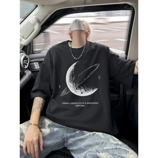Biçomi Baskılı Oversize Bisiklet Yaka T-shirt - Siyah