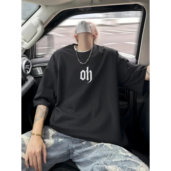 Biçomi Baskılı Oversize Bisiklet Yaka T-shirt - Siyah