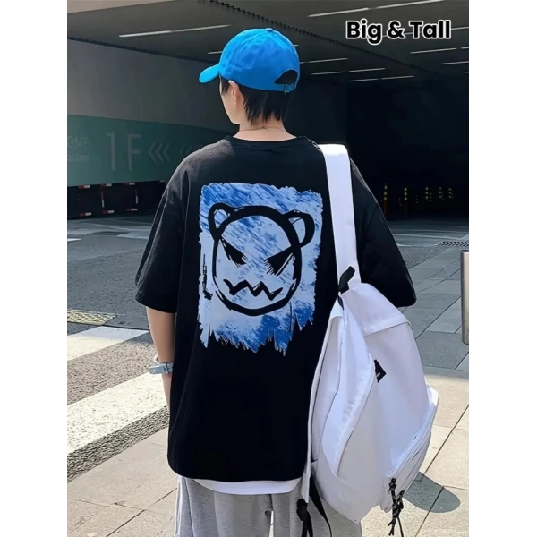 Biçomi Baskılı Oversize Bisiklet Yaka T-shirt - Siyah