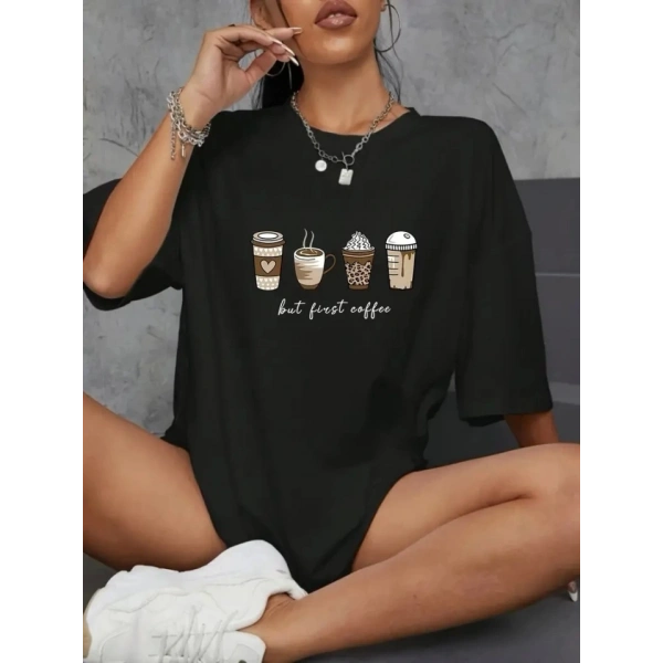Biçomi Baskılı Oversize Bisiklet Yaka T-shirt - Siyah