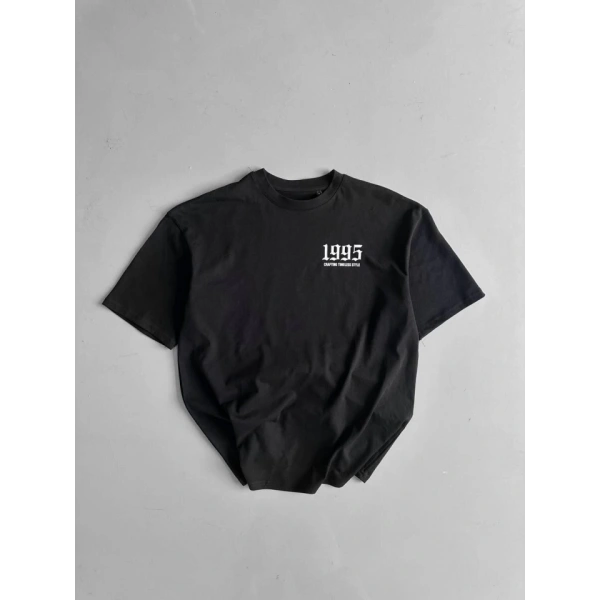 Biçomi Baskılı Oversize Bisiklet Yaka T-shirt - Siyah