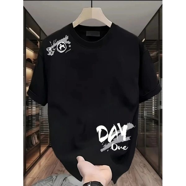 Biçomi Baskılı Oversize Bisiklet Yaka T-shirt - Siyah