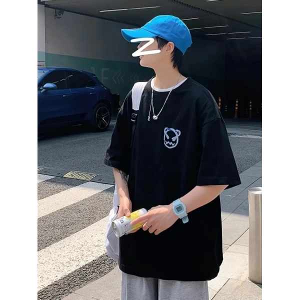 Biçomi Baskılı Oversize Bisiklet Yaka T-shirt - Siyah