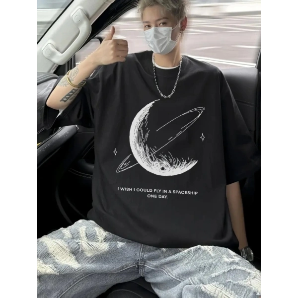 Biçomi Baskılı Oversize Bisiklet Yaka T-shirt - Siyah