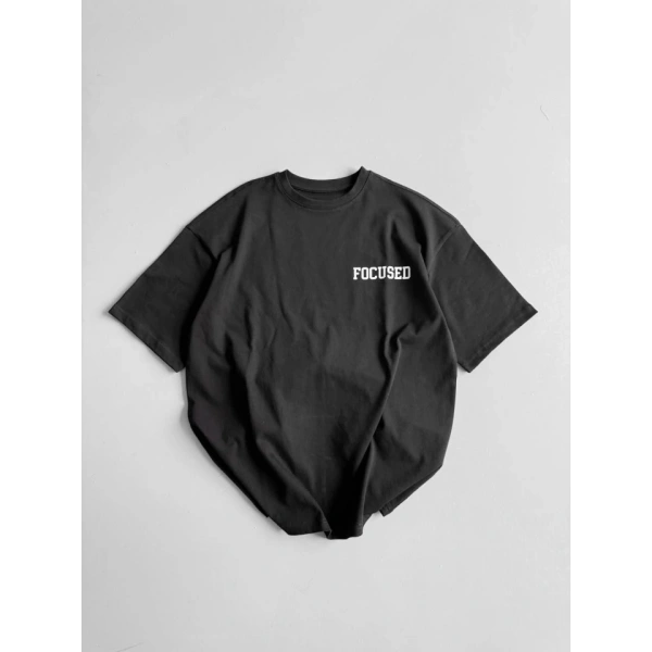 Biçomi Baskılı Oversize Bisiklet Yaka T-shirt - Siyah