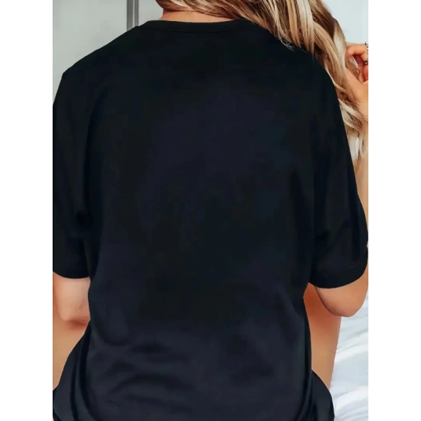 Biçomi Baskılı Oversize Bisiklet Yaka T-shirt - Siyah