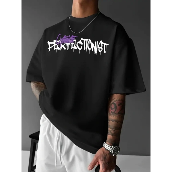 Biçomi Baskılı Oversize Bisiklet Yaka T-shirt - Siyah