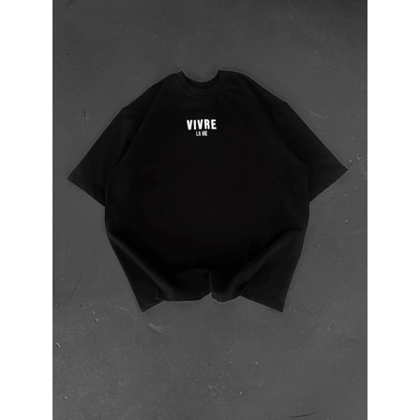 Biçomi Baskılı Oversize Bisiklet Yaka T-shirt - Siyah