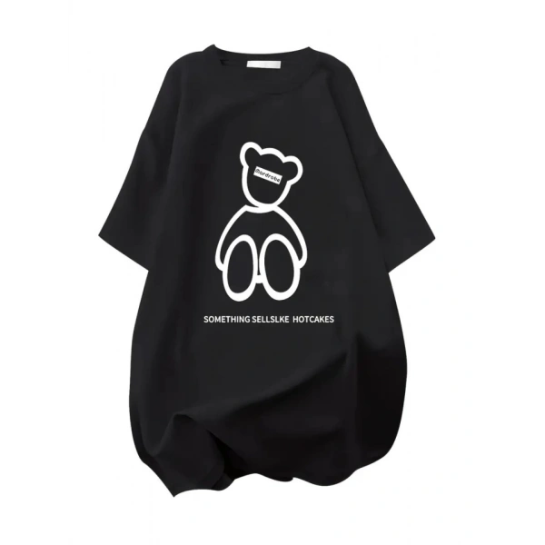 Biçomi Baskılı Oversize Bisiklet Yaka T-shirt - Siyah
