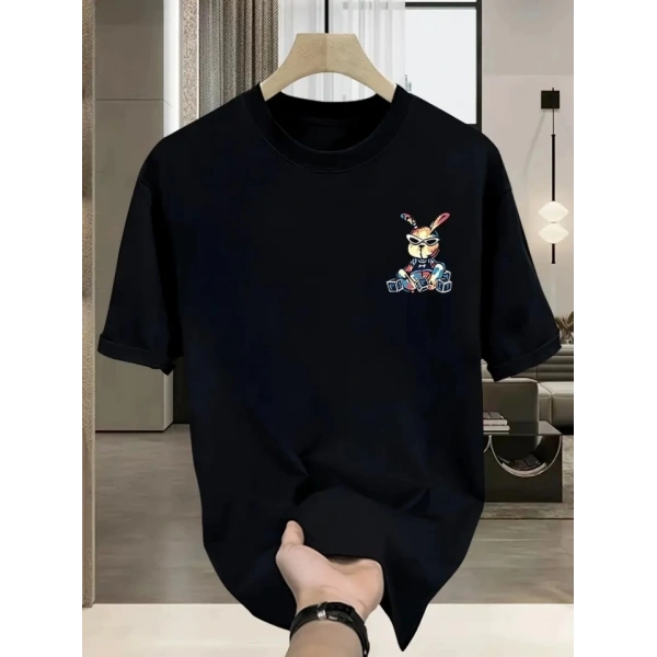 Biçomi Baskılı Oversize Bisiklet Yaka T-shirt - Siyah