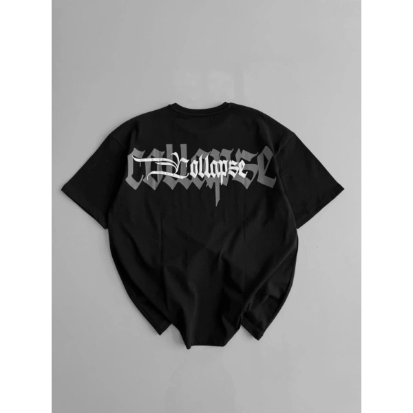 Biçomi Baskılı Oversize Bisiklet Yaka T-shirt - Siyah
