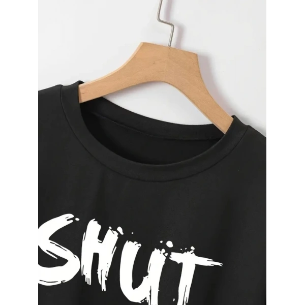 Biçomi Baskılı Oversize Bisiklet Yaka T-shirt - Siyah