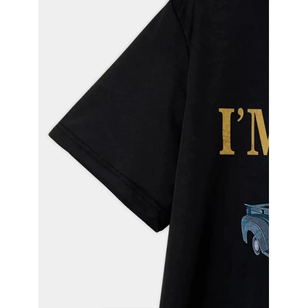 Biçomi Baskılı Oversize Bisiklet Yaka T-shirt - Siyah