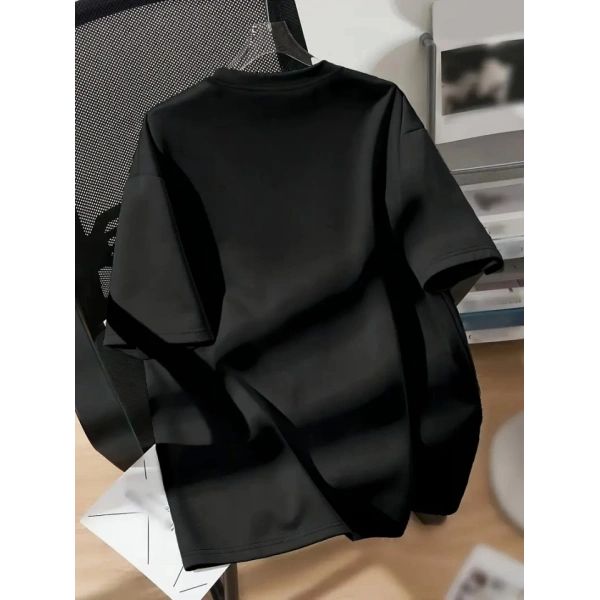 Biçomi Baskılı Oversize Bisiklet Yaka T-shirt - Siyah