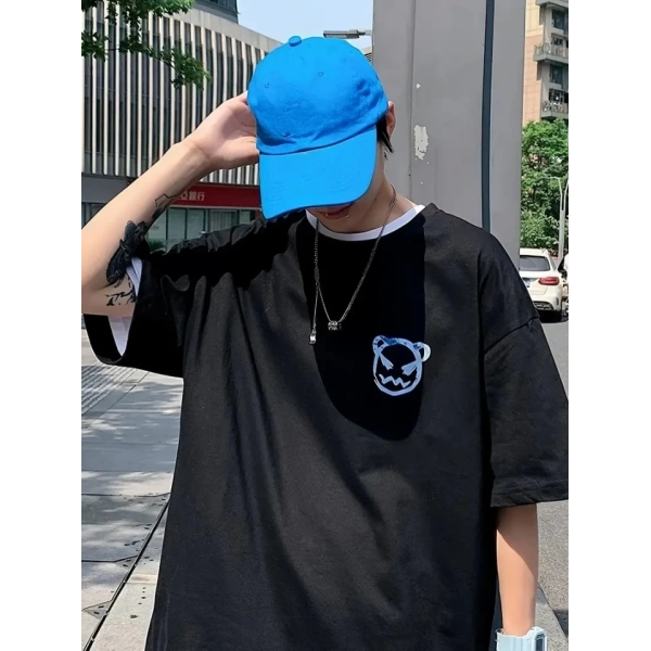 Biçomi Baskılı Oversize Bisiklet Yaka T-shirt - Siyah
