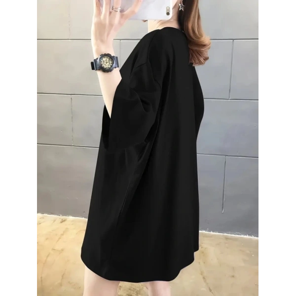 Biçomi Baskılı Oversize Bisiklet Yaka T-shirt - Siyah