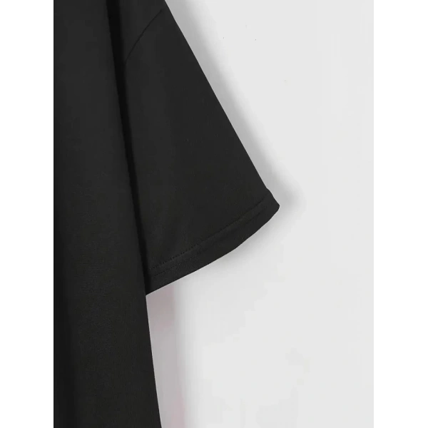Biçomi Baskılı Oversize Bisiklet Yaka T-shirt - Siyah