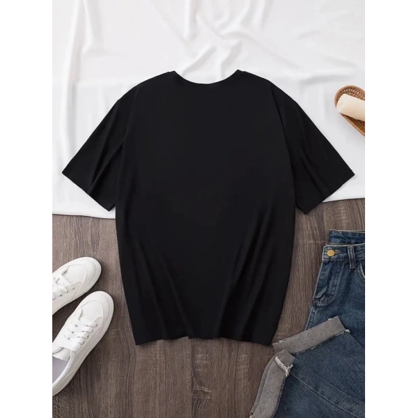 Biçomi Baskılı Oversize Bisiklet Yaka T-shirt - Siyah